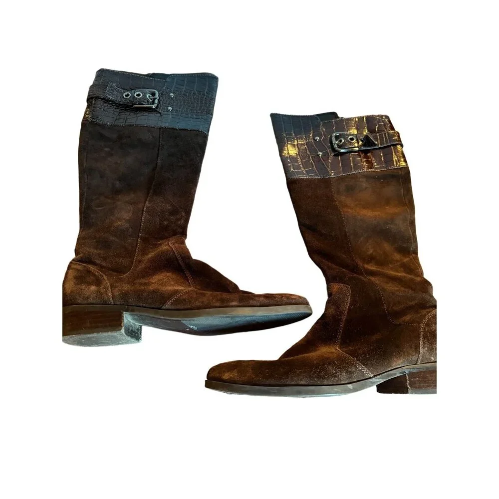 Marc Fisher Brown Leather Faux-Croc Trimmed Boots size 8‎ M